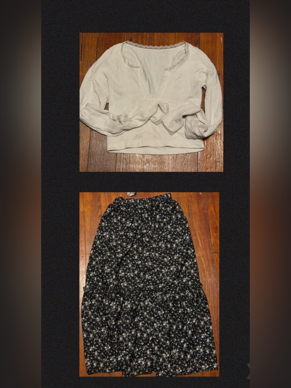 Floral Maxi Skirt and White Lace Neck Long Sleeve Fall Boho Bundle Sz. XS EUC